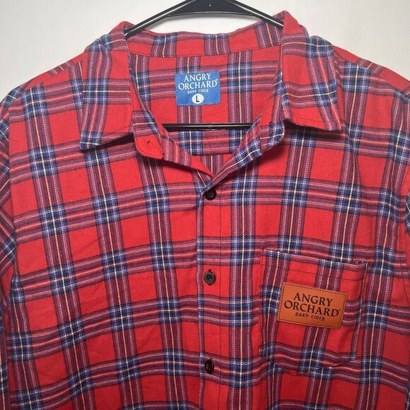 Angry Orchard Hard Cider Button Up Flannel Shirt Mens Size L Large Plaid Red - Picture 2 of 8